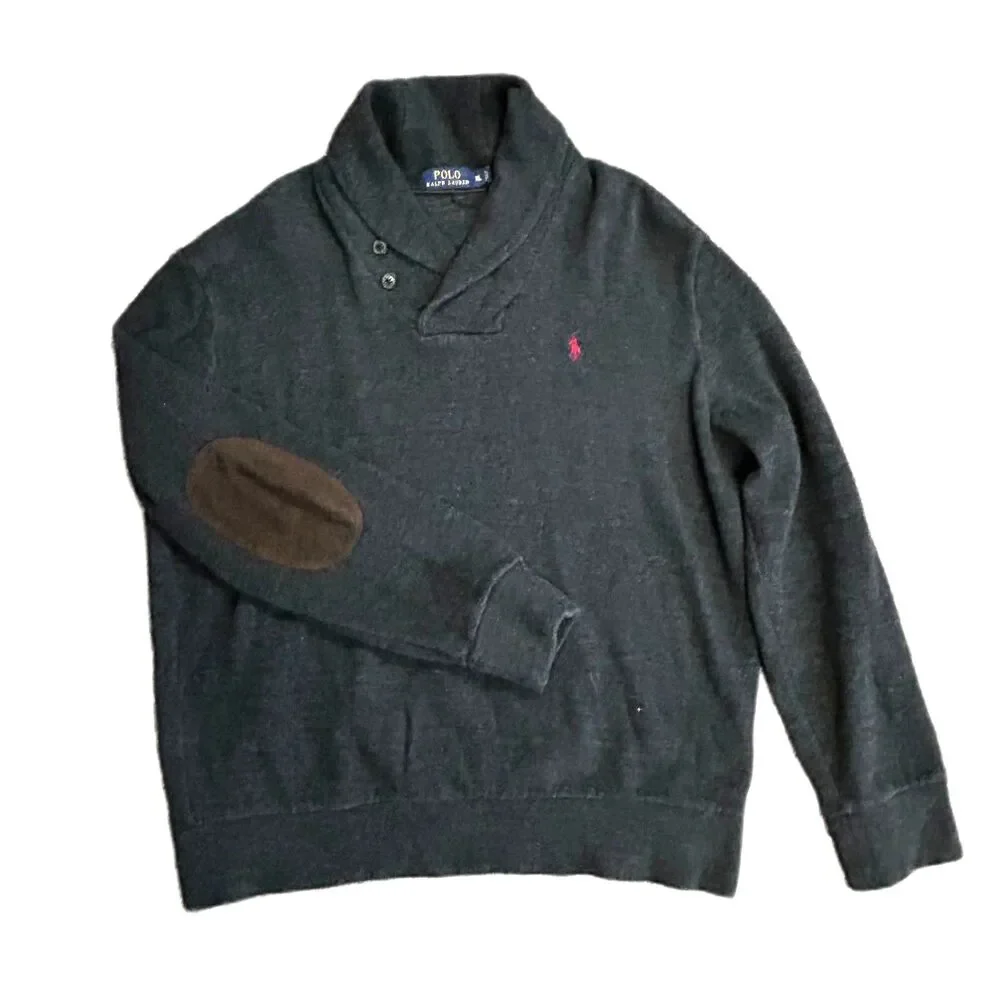 Polo Ralph Lauren Men's Charcoal Gray Shawl Collar Elbow Pads Sweater Size XL